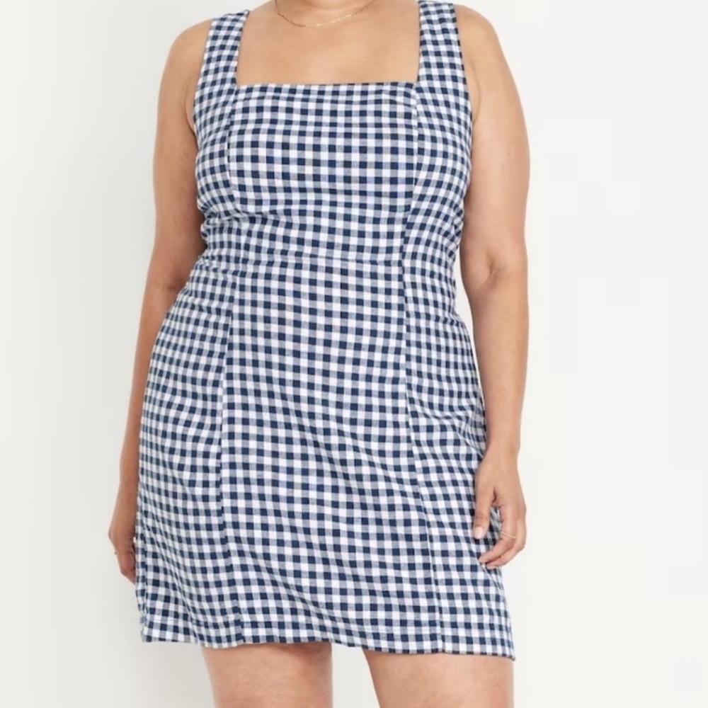 Old Navy XXLT Linen Blend Navy Gingham Smocked Back Dress